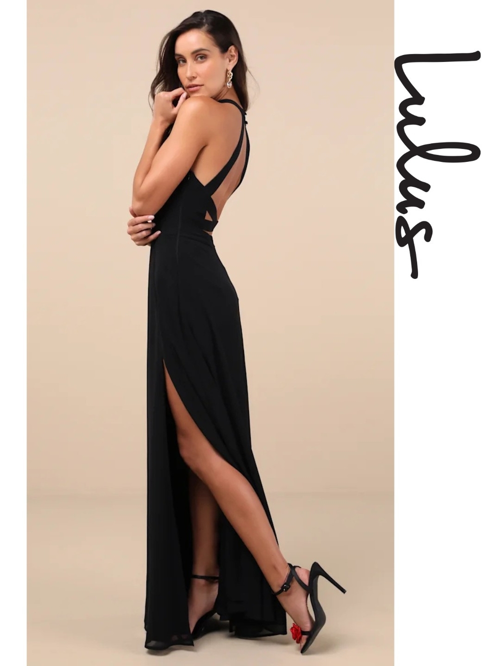 Lulu's - Confidently Charismatic Black Backless Halter Maxi Dress - Small